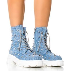 Azalea Wang Blue Denim Rhinestone Combat Boots